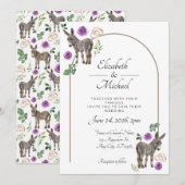 Donkey Purple Floral Rustic Wedding 招待状 (正面/裏面)