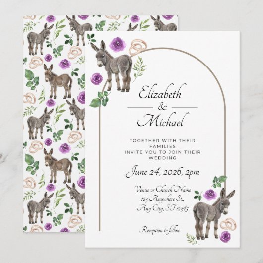 Donkey Purple Floral Rustic Wedding 招待状 (正面/裏面)