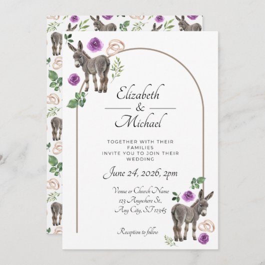Donkey Purple Floral Wedding Invitation 招待状 (正面/裏面)