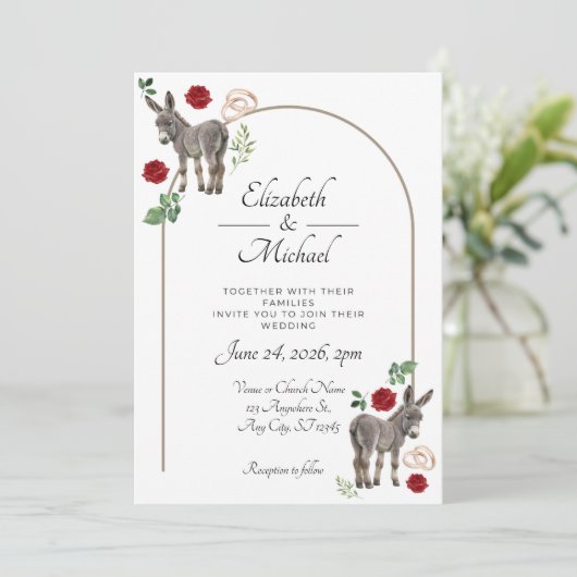Donkey Red Floral Wedding Invitation  招待状 (スタンド正面)