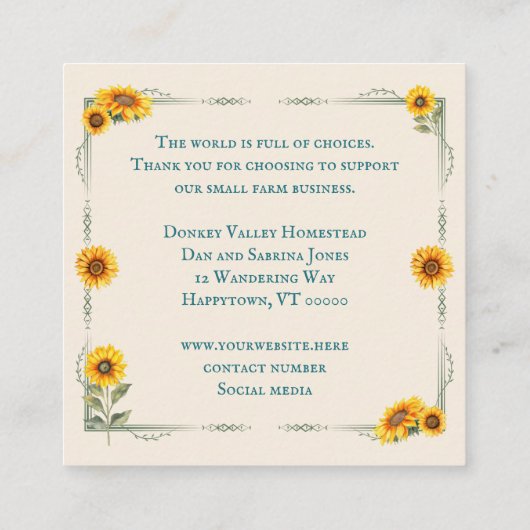 Donkey Sunflowers Small Business Thank You スクエア名刺 (裏面)