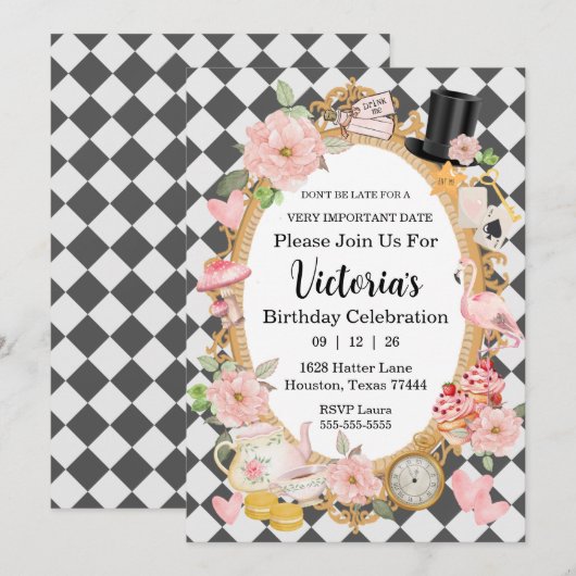 Don't Be late Pink Birthday Party Invitation 招待状 (正面/裏面)