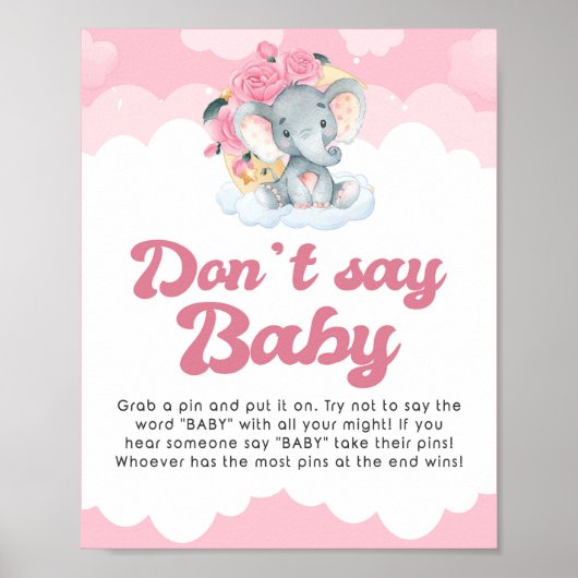 Don't Say Baby Pink Elephant Baby Shower Game Sign ポスター (正面)