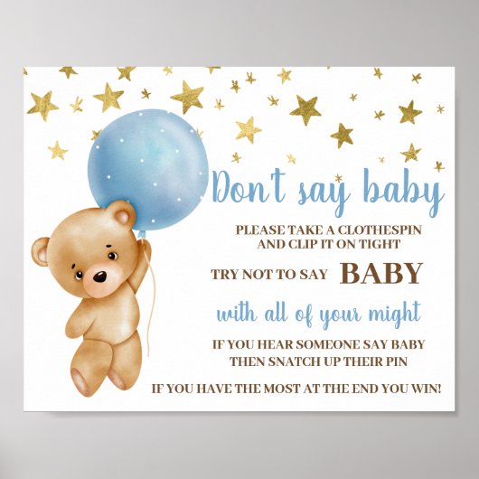Don't Say Baby Shower Blue Bear Boy Poster ポスター (正面)