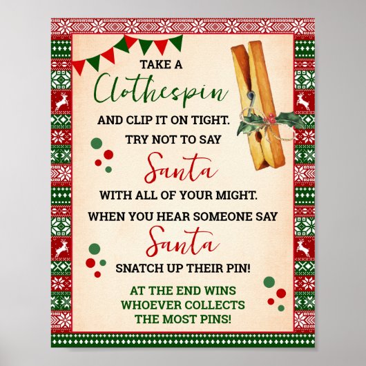 Don't Say Santa Clothespin Game Ugly Sweater Sign ポスター (正面)