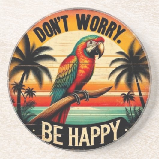 Don't Worry, Be Happy Round Tropical Parrot Art コースター (正面)