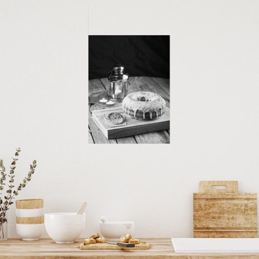 Donut Cake with Icing Glaze on Rustic Wooden Table ポスター (キッチン)