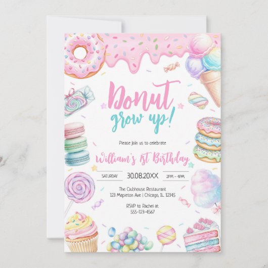 Donut Grow Up Donut Birthday Party Invitation 招待状 (正面)