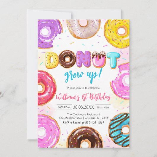 Donut Grow Up Donut Birthday Party Invitation 招待状 (正面)