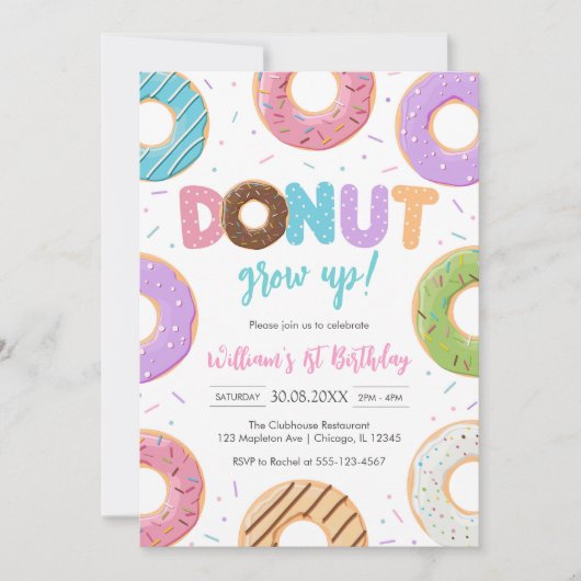 Donut Grow Up Donut Birthday Party Invitation 招待状 (正面)