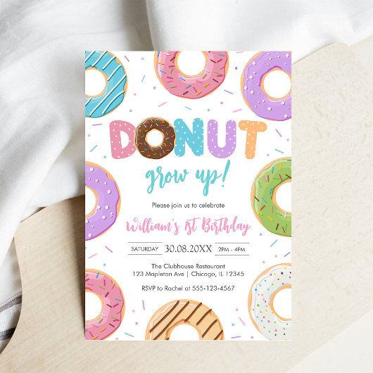 Donut Grow Up Donut Birthday Party Invitation 招待状