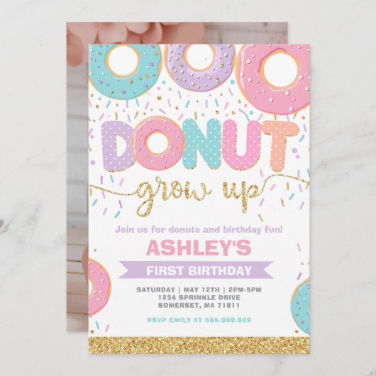 Donut Grow Up First 1st Birthday Invitation 招待状 (正面/裏面)