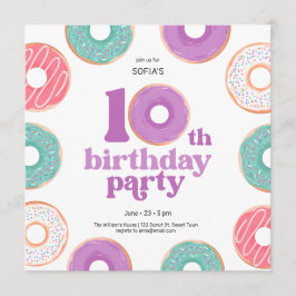 Donut Party Girl 10th Birthday Invitation 招待状