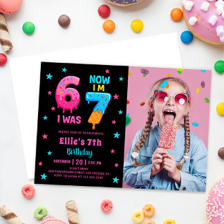 Donut Six Seven Girl Birthday Photo Invitation 招待状