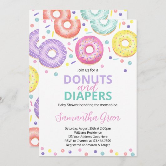 Donuts and Diapers Baby Shower 招待状 (正面/裏面)