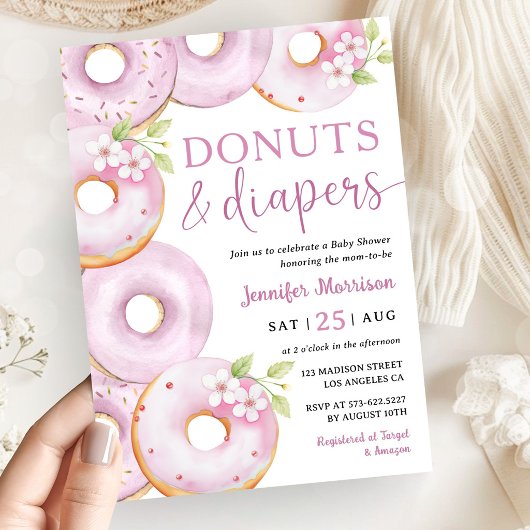 Donuts and Diapers Girl Pink Baby Shower 招待状