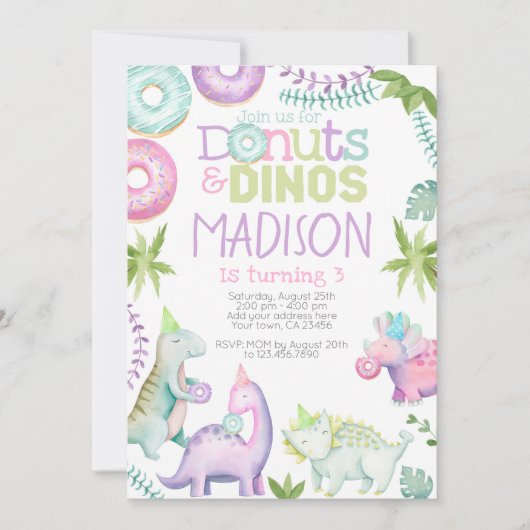 Donuts and Dinos Invitation (Pink & Lavender) 招待状 (正面)