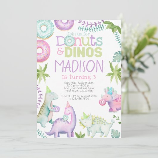 Donuts and Dinos Invitation (Pink & Lavender) 招待状 (スタンド正面)