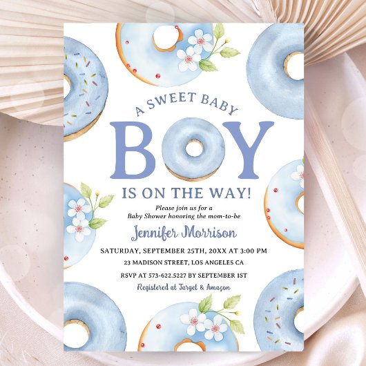 Donuts Baby Shower Boy Blue Gingham Invitation 招待状