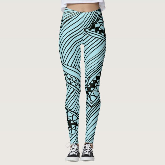 Doodle 1A Black Aqua Blue Leggings レギンス (正面)