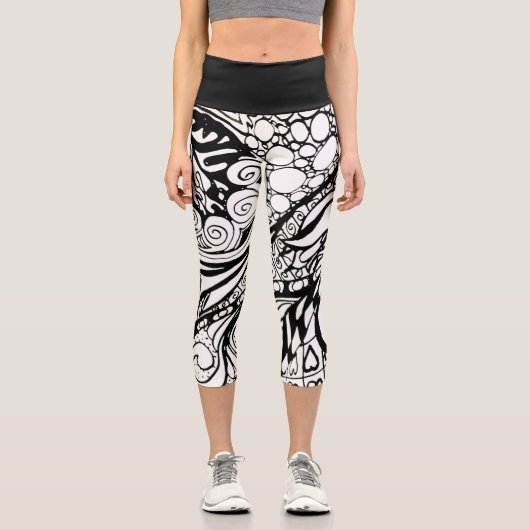 Doodle 1E Black White 1 Capri Leggings カプリレギンス (正面)