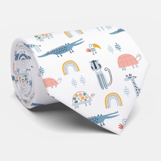 Doodle Animal Fun Pattern ネクタイ (ロール)