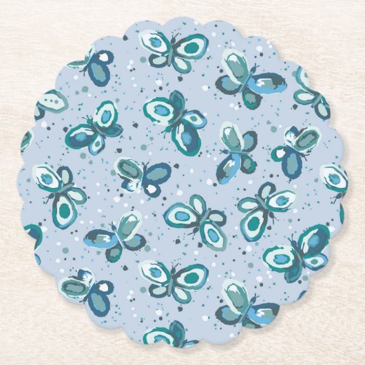 Doodle Bugs蝶 – 青 – シームレスなパターン。 ペーパーコースター (正面)