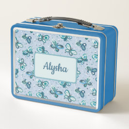 Doodle Bugs蝶 – 青 – 子供のパターン。 メタルランチボックス