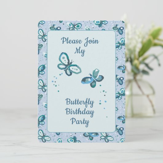 Doodle Bugs Butterflies - blue - kids birthday. 招待状 (スタンド正面)