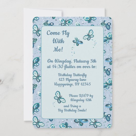 Doodle Bugs Butterflies - blue - kids birthday. 招待状 (裏面)