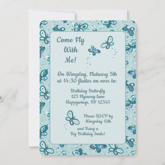 Doodle Bugs Butterflies - turquoise - birthday. 招待状 (裏面)