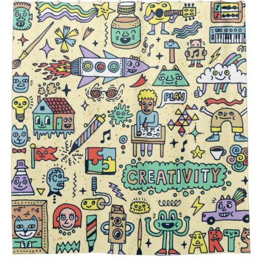 Doodle Cartoon Set おもしろい 1. シャワーカーテン (正面)