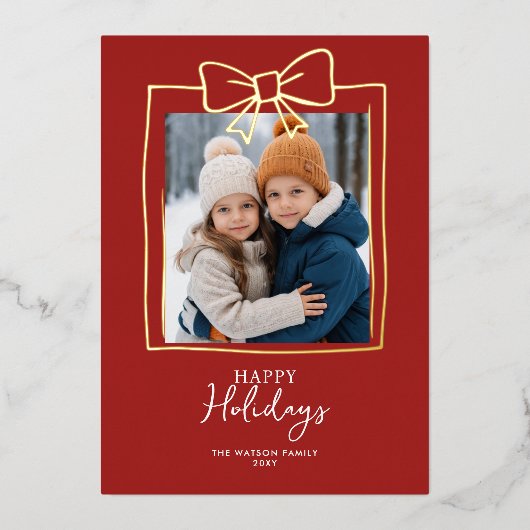 Doodle Christmas 4 Photo Hand-Drawn Bow Ribbon  箔シーズンカード (正面)