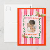  Doodle Christmas Pink Red Border Photo Holiday  ポストカード (正面/裏面)