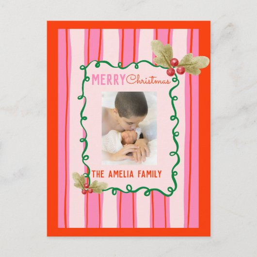  Doodle Christmas Pink Red Border Photo Holiday  ポストカード (正面)