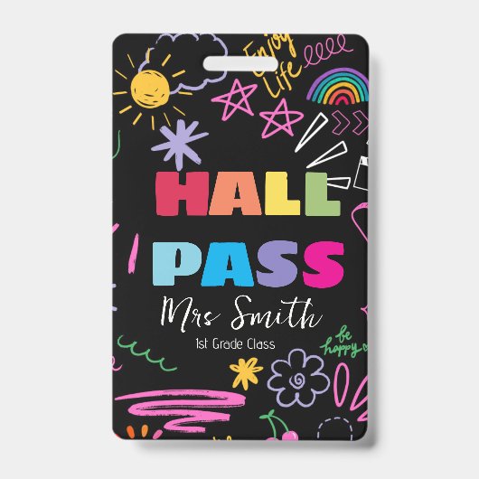 Doodle Custom School Hall Pass rainbow Lanyard  バッジ (正面)