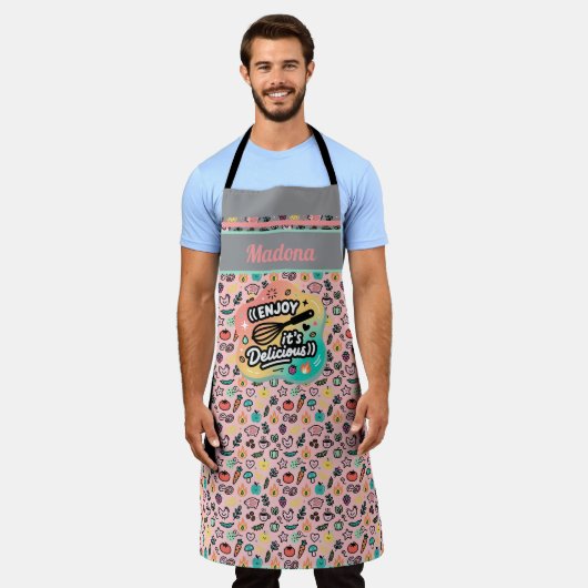 Doodle Delicious Whisk Pastel Art エプロン (着用した状態)