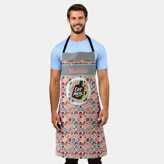 Doodle Eat Meal Kitchen Cutting Board エプロン (着用した状態)