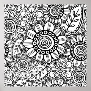 Doodle Folk Art Floral Line Drawing Pattern ポスター