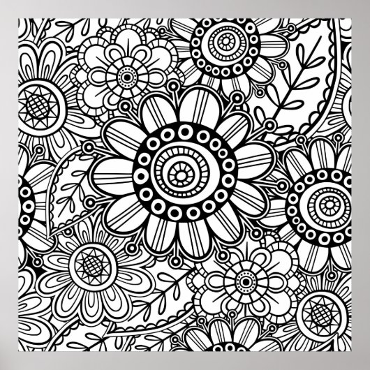 Doodle Folk Art Floral Line Drawing Pattern ポスター (正面)