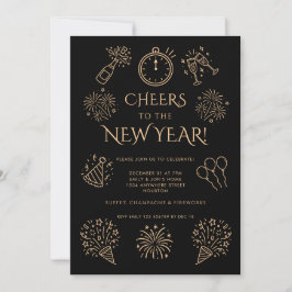 Doodle Gold Black Cheers to New Year Party 招待状