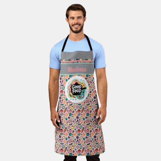 Doodle Good Food Cooking Pot Kitchen エプロン (着用した状態)