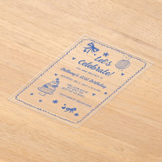 Doodle Hand drawn Blue Bow Disco Ball Birthday アクリル招待状 (レイダウン)