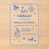 Doodle Hand drawn Blue Bow Disco Ball Birthday アクリル招待状 (正面)