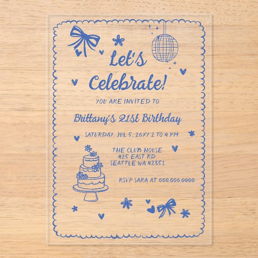 Doodle Hand drawn Blue Bow Disco Ball Birthday アクリル招待状 (正面)