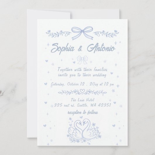 Doodle Hand Drawn Dusty Blue Swans Wedding 招待状 (正面)