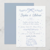 Doodle Hand Drawn Dusty Blue Swans Wedding 招待状 (正面/裏面)