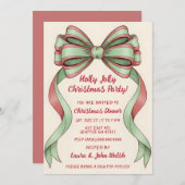 Doodle Hand drawn Green Red Bow Christmas Party 招待状 (正面/裏面)