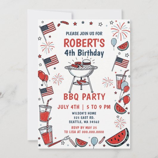 Doodle Hand Drawn July 4th BBQ Birthday Party  招待状 (正面)