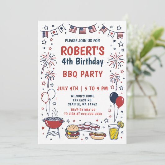 Doodle Hand Drawn July 4th BBQ Birthday Party  招待状 (スタンド正面)